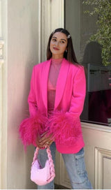 FEATHER JACKET SUIT IN HOT PINK