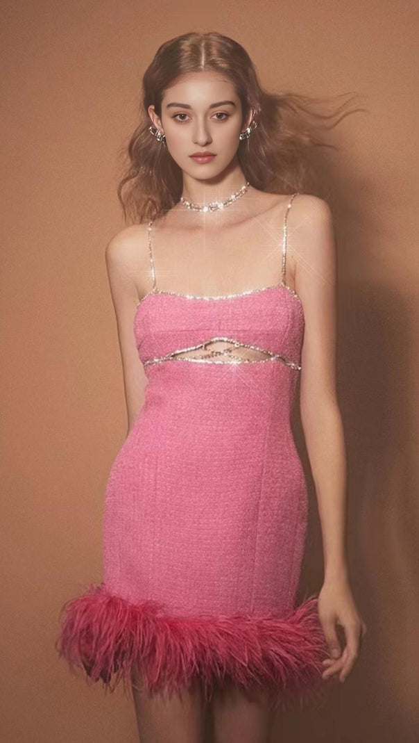 AIIZIE CUT OUT CRYSTAL FEATHER MINI DRESS IN HOT PINK - product image