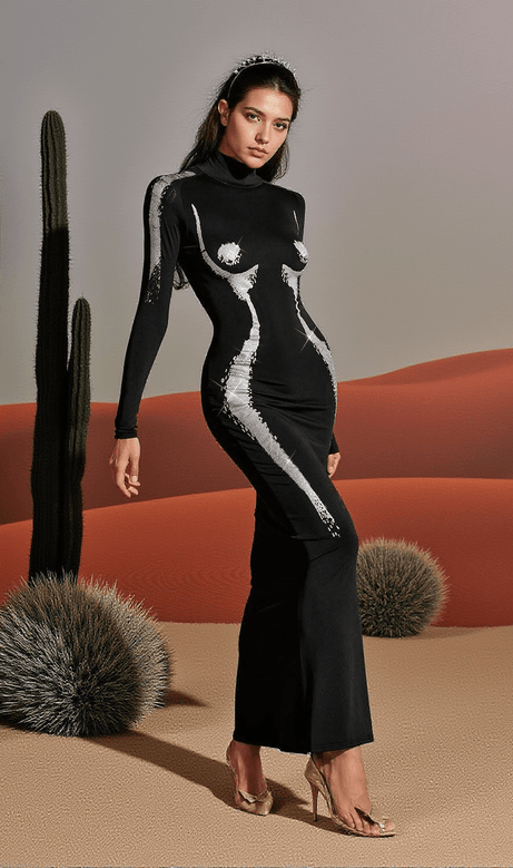 Lidal Long Sleeve Body Printed Maxi Dress In Silver