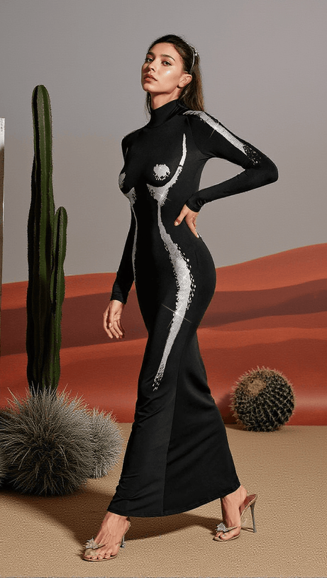 LIDAL LONG SLEEVE BODY PRINTED MAXI DRESS IN SILVER