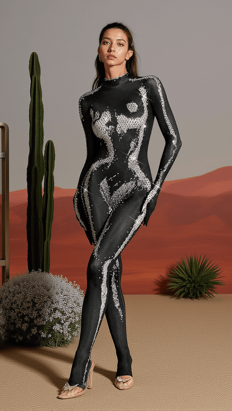 Radek Body – Jumpsuit mit Strass-Handschuhen und Print in Silber