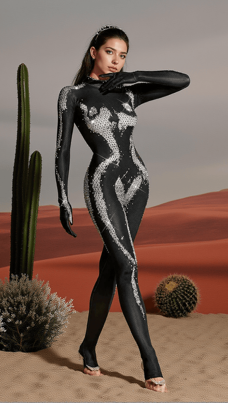 RADEK BODY PRINTED RHINESTONE GLOVES JUMPSUIT IN SILVER