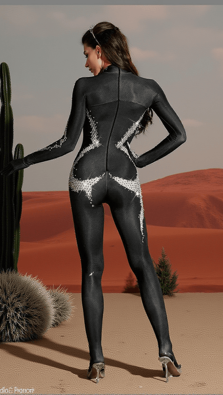 RADEK BODY PRINTED RHINESTONE GLOVES JUMPSUIT IN SILVER