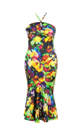 LARGE SIZE PRINT-FLORAL HALTERNECK SLIM BACKLESS MAXI DRESS