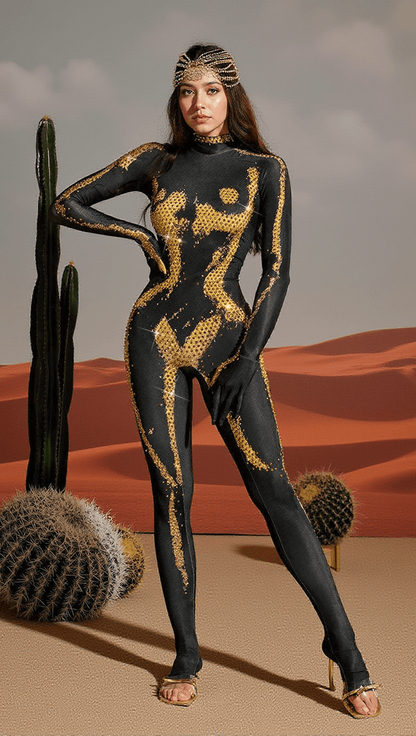 AIIZIE RADEK BODY PRINTED RHINESTONE GLOVES JUMPSUIT IN GOLD - product image