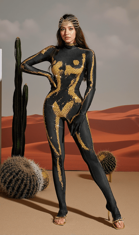 Radek Body – Jumpsuit mit Strass-Handschuhen und Print in Gold