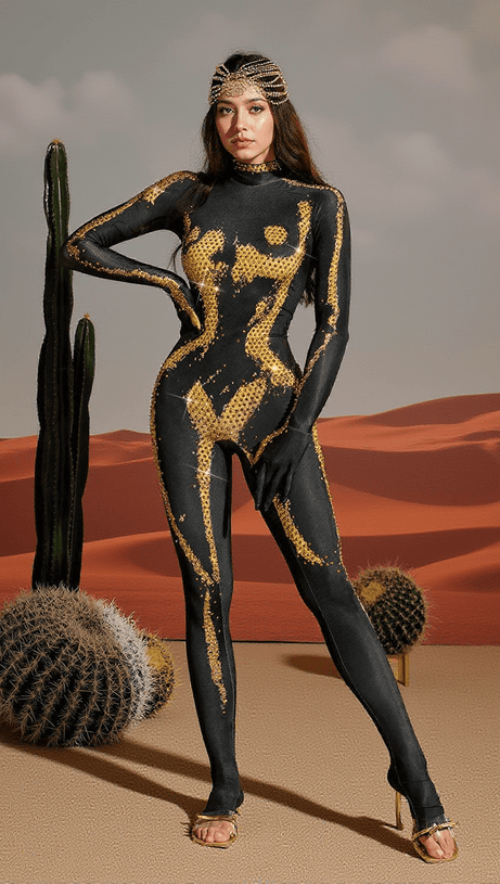 RADEK BODY PRINTED RHINESTONE GLOVES JUMPSUIT IN GOLD