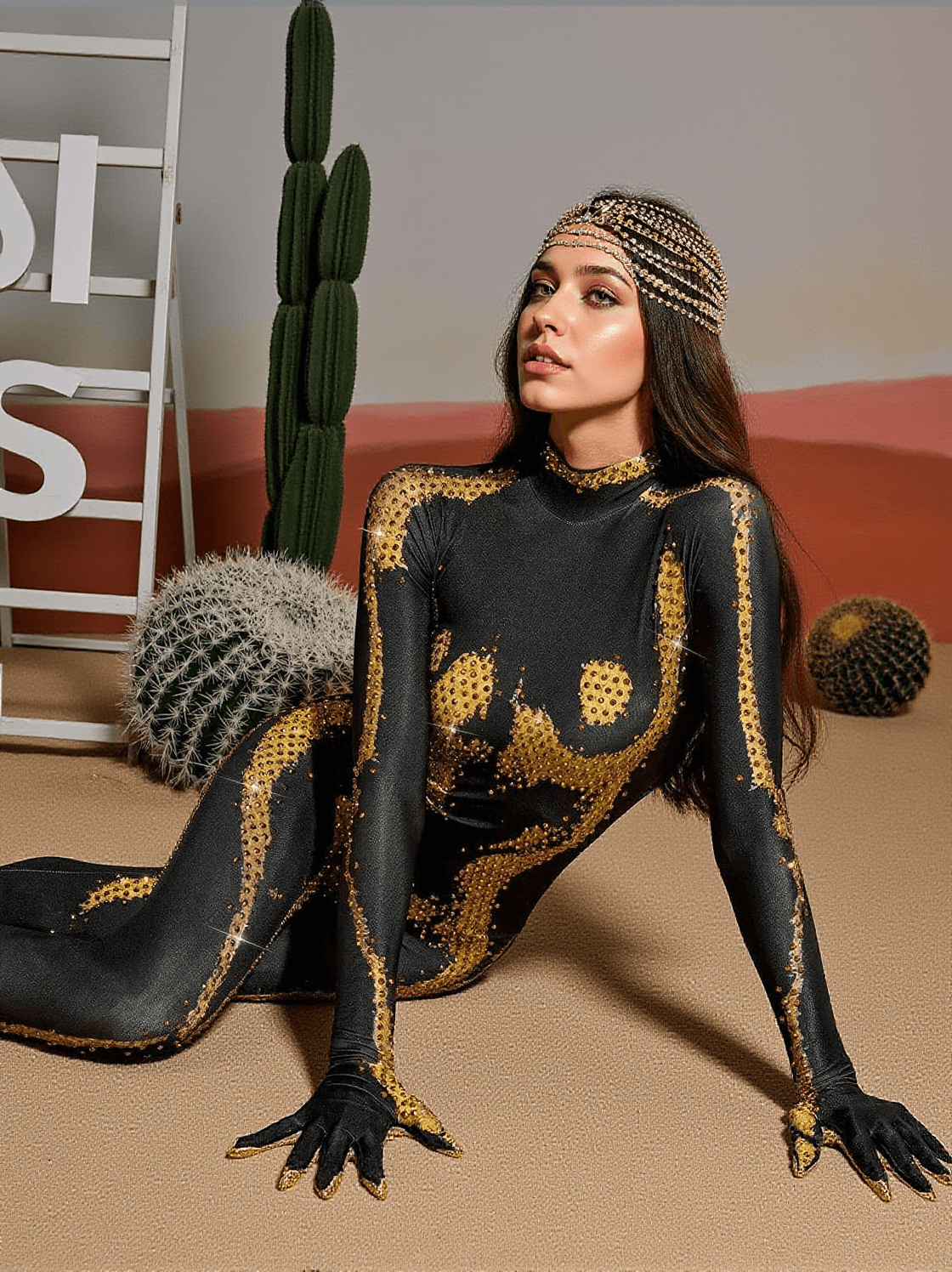 RADEK BODY PRINTED RHINESTONE GLOVES JUMPSUIT IN GOLD