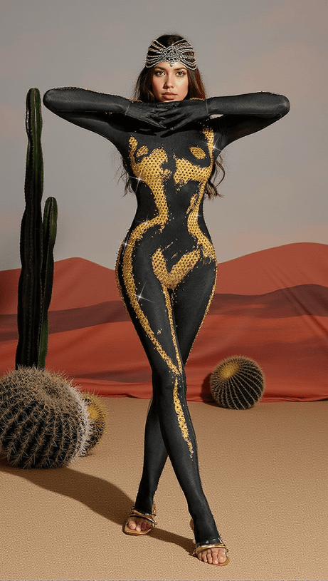 RADEK BODY PRINTED RHINESTONE GLOVES JUMPSUIT IN GOLD