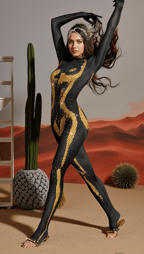 RADEK BODY PRINTED RHINESTONE GLOVES JUMPSUIT IN GOLD