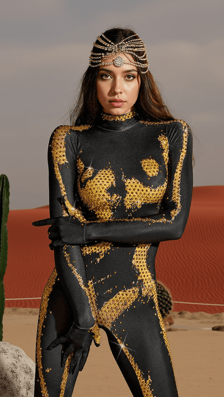 RADEK BODY PRINTED RHINESTONE GLOVES JUMPSUIT IN GOLD