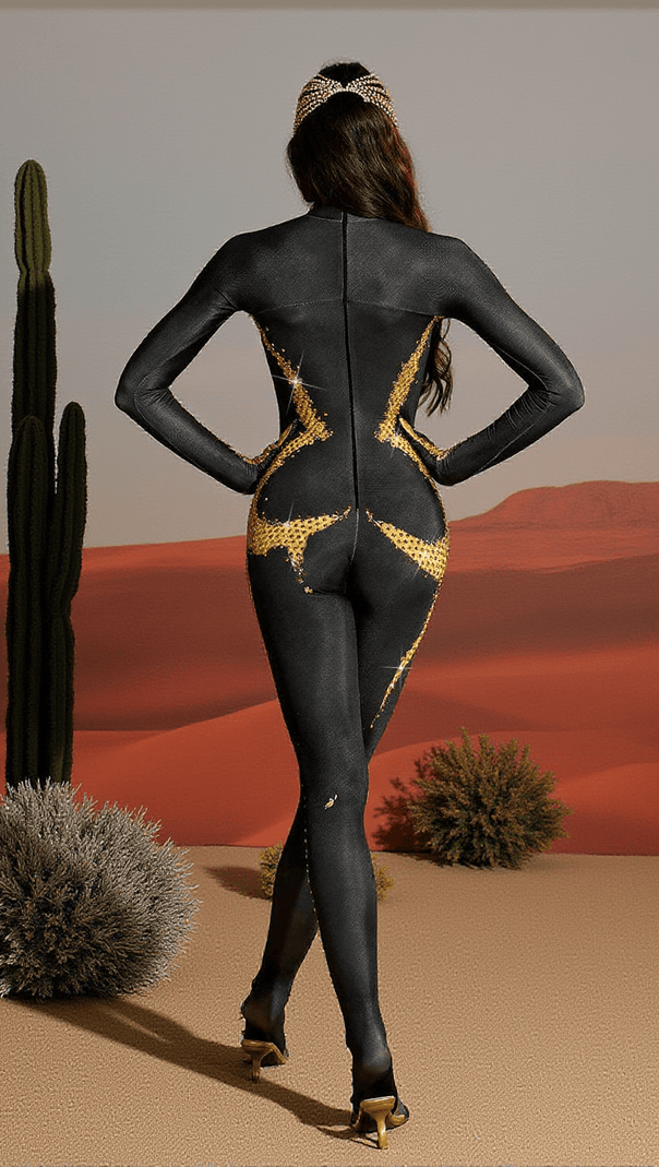 AIIZIE RADEK BODY PRINTED RHINESTONE GLOVES JUMPSUIT IN GOLD - product image