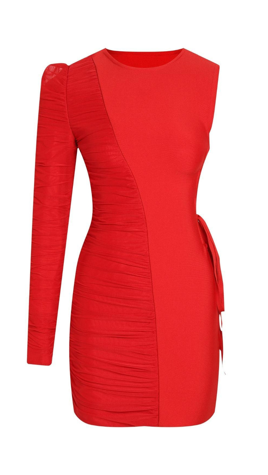 ONE SHOULDER RUCHED MINI DRESS IN RED