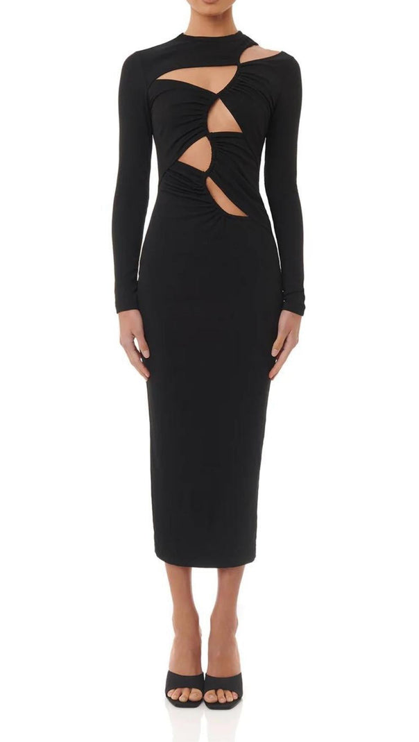 AIIZIE LONG SLEEVES CUT OUT MIDI DRESS IN BLACK - product image