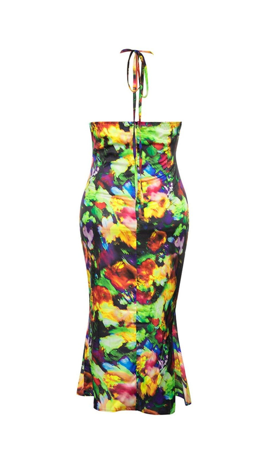 LARGE SIZE PRINT-FLORAL HALTERNECK SLIM BACKLESS MAXI DRESS