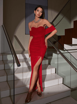 Camille Mesh Ruched Off Shoulder Gown In Red