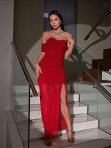 Camille Mesh Ruched Off Shoulder Gown In Red