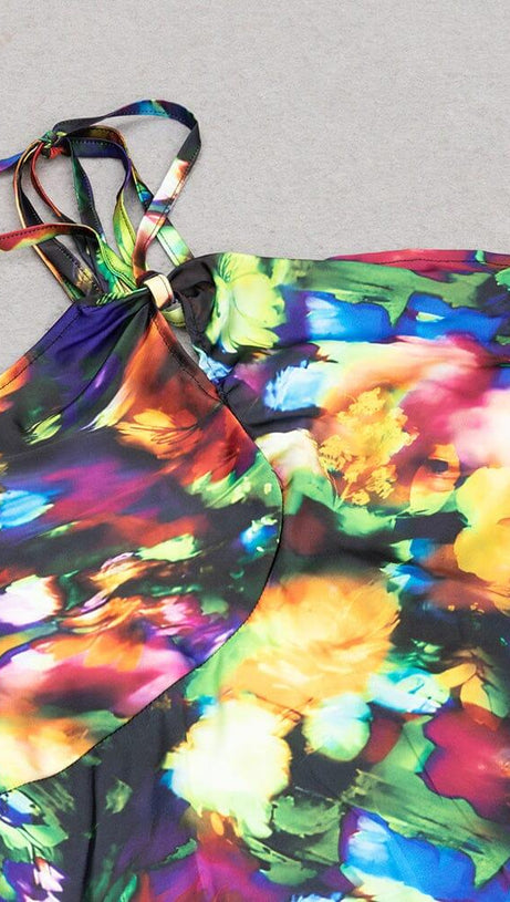 LARGE SIZE PRINT-FLORAL HALTERNECK SLIM BACKLESS MAXI DRESS