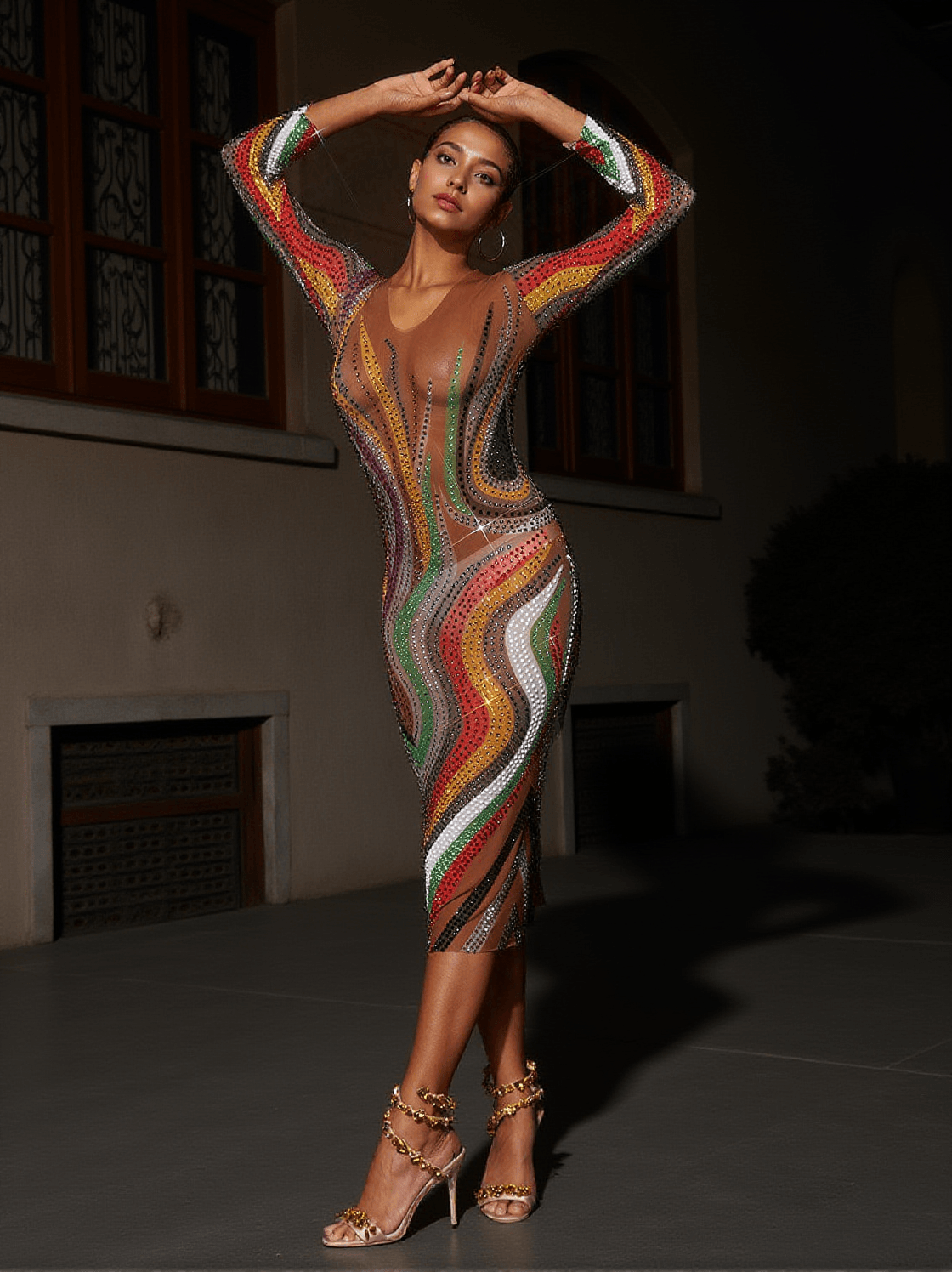 ELINDA LONG SLEEVE MESH MIDI DRESS