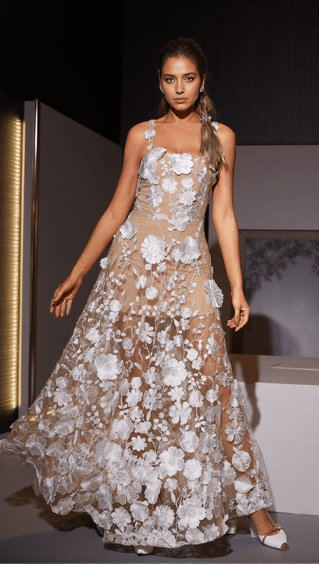 ANNALENA FLOWER EMBROIDERED MESH MAXI DRESS