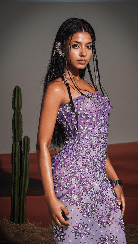 ABITO LUNGO JAYLEN SENZA SPALLINE CON STRASS E FIORI