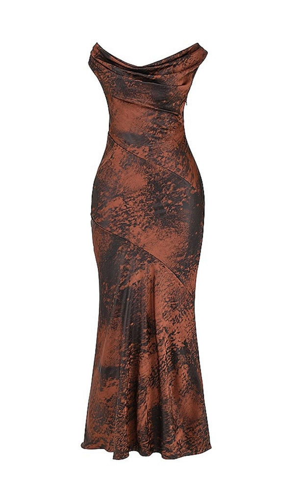 STRAPLESS RUCHED MAXI DRESS IN ANTIQUE COPPER