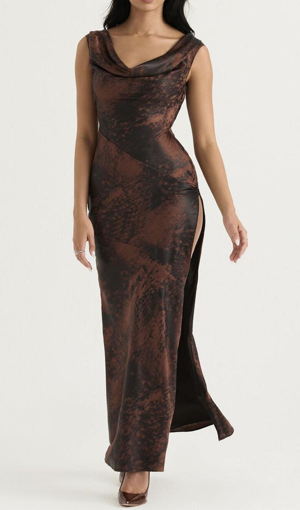 STRAPLESS RUCHED MAXI DRESS IN ANTIQUE COPPER