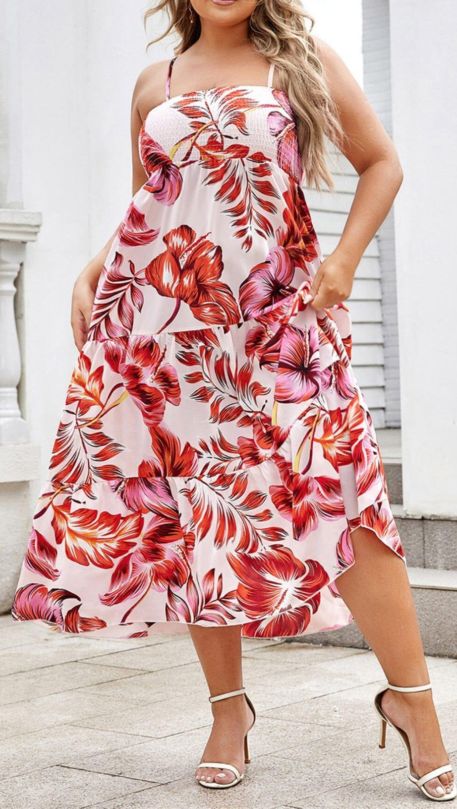 LARGE SIZE BACKLESS V SUSPENDER PRINT LOOSE MIDI DRESS