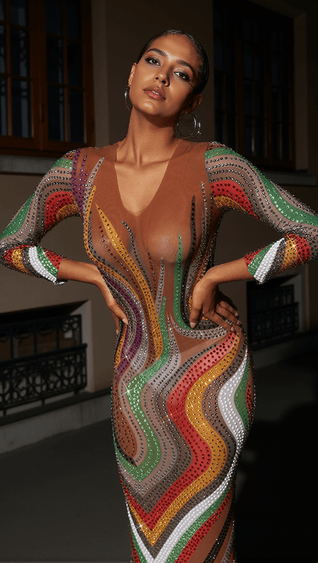 ELINDA LONG SLEEVE MESH MIDI DRESS