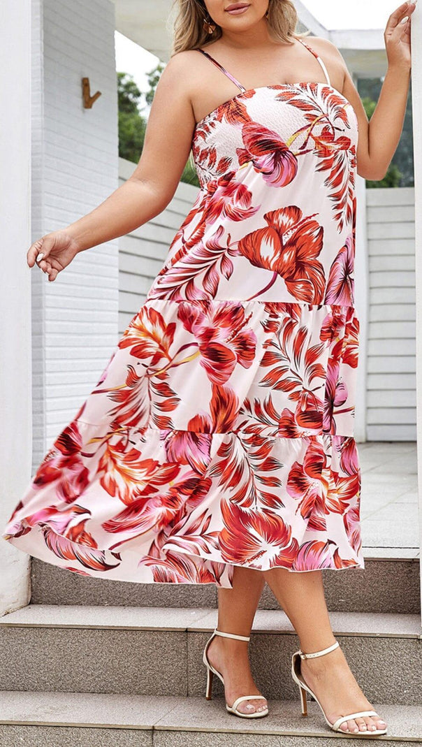 AIIZIE LARGE SIZE BACKLESS V SUSPENDER PRINT LOOSE MIDI DRESS - product image