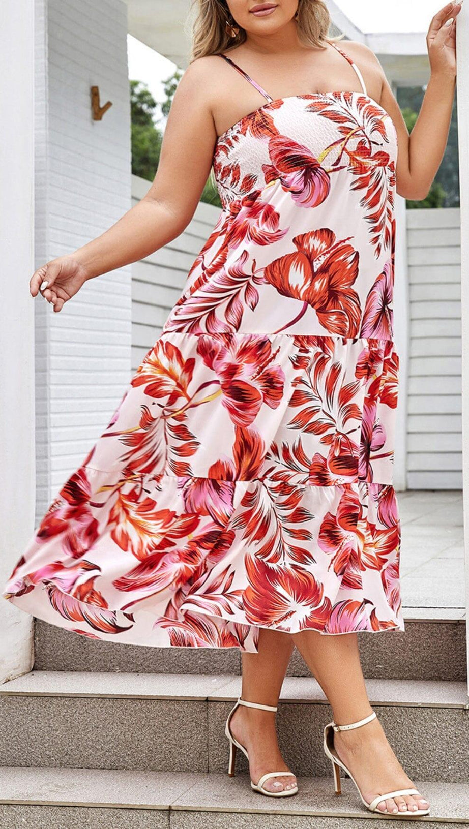 LARGE SIZE BACKLESS V SUSPENDER PRINT LOOSE MIDI DRESS