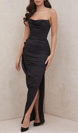 STRAPLESS BODYCON RUCHED MAXI DRESS