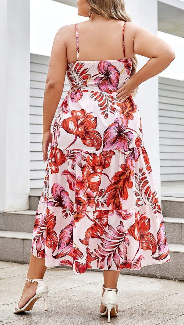 AIIZIE LARGE SIZE BACKLESS V SUSPENDER PRINT LOOSE MIDI DRESS - product image