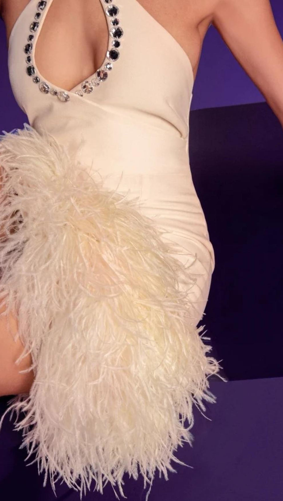 WHITE FEATHER-EMBELLISHED CREPE MINI DRESS