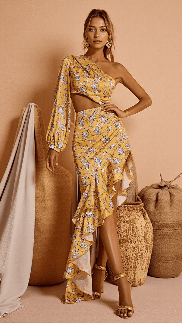 Aiyana – Gelbes Maxikleid mit One-Shoulder-Träger und Blumenmuster