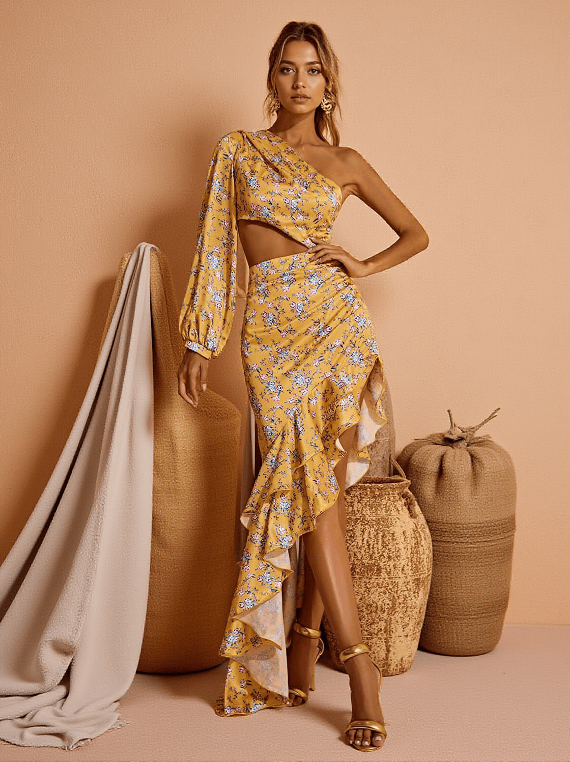 AIYANA ONE SHOULDER FLORAL MAXI DRESS IN YELLOW