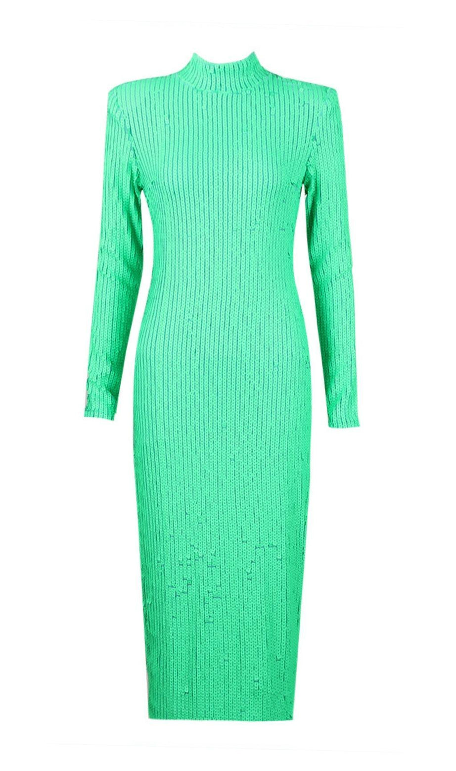 LANGÄRMELIGES, figurbetontes MIDIKLEID IN GRÜN