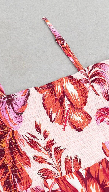 LARGE SIZE BACKLESS V SUSPENDER PRINT LOOSE MIDI DRESS