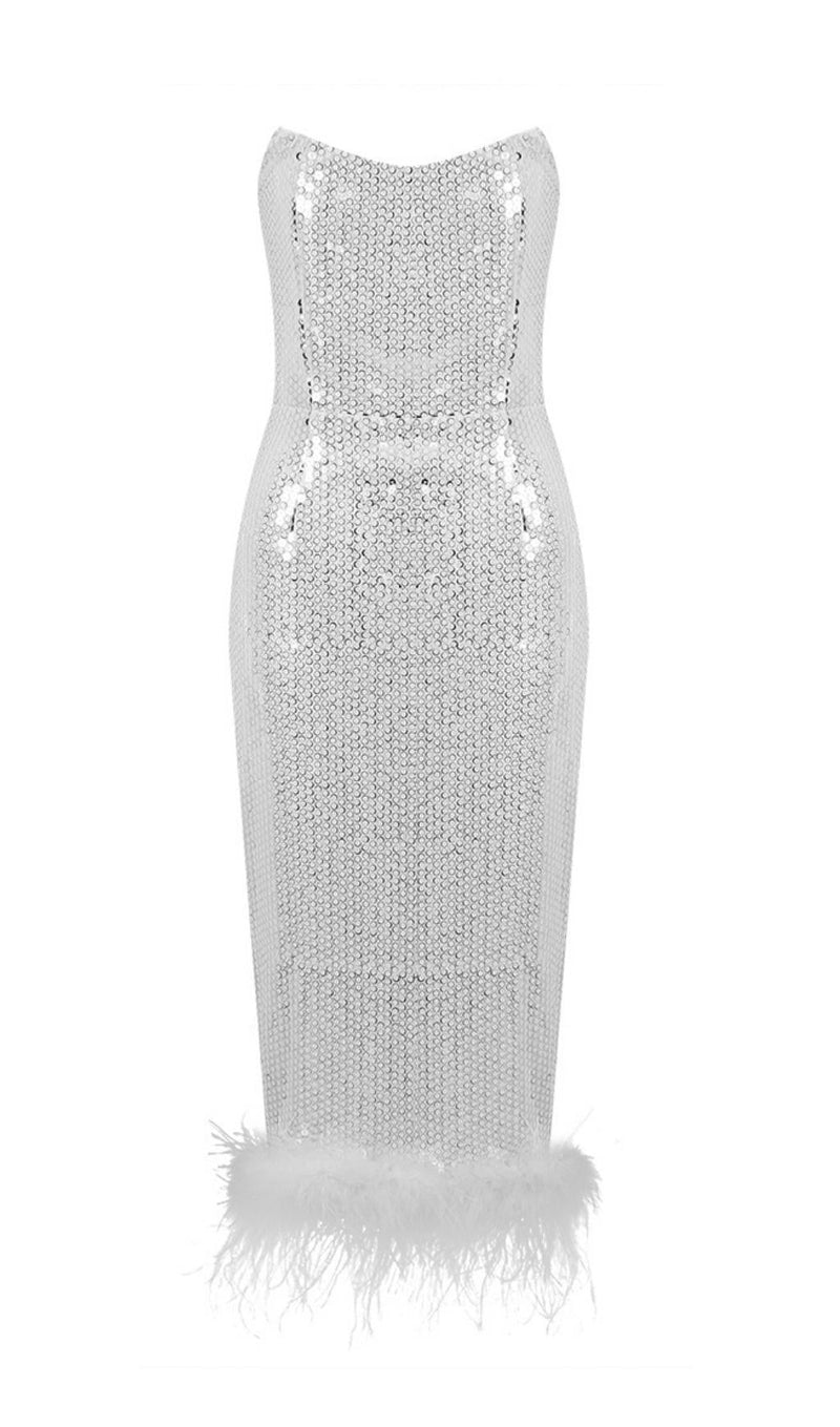 SEQUIN FEATHER MIDI DRESS IN WHITE