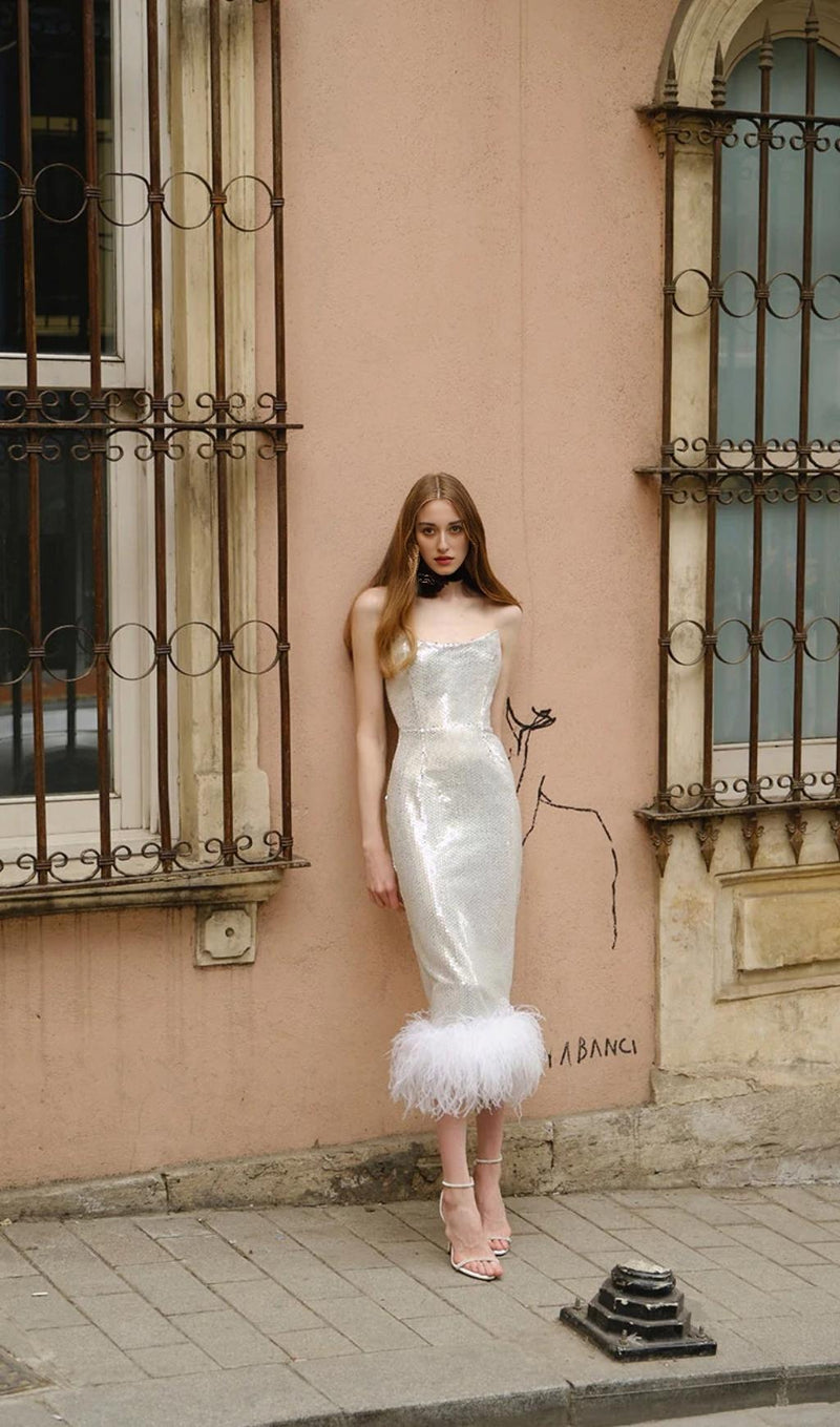 SEQUIN FEATHER MIDI DRESS IN WHITE