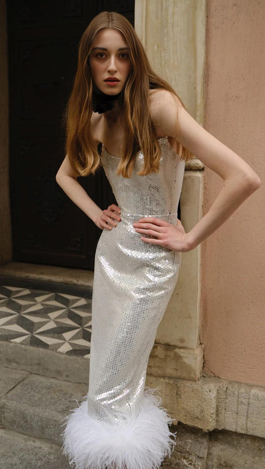 SEQUIN FEATHER MIDI DRESS IN WHITE