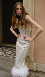 SEQUIN FEATHER MIDI DRESS IN WHITE