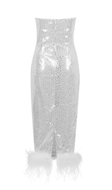 SEQUIN FEATHER MIDI DRESS IN WHITE