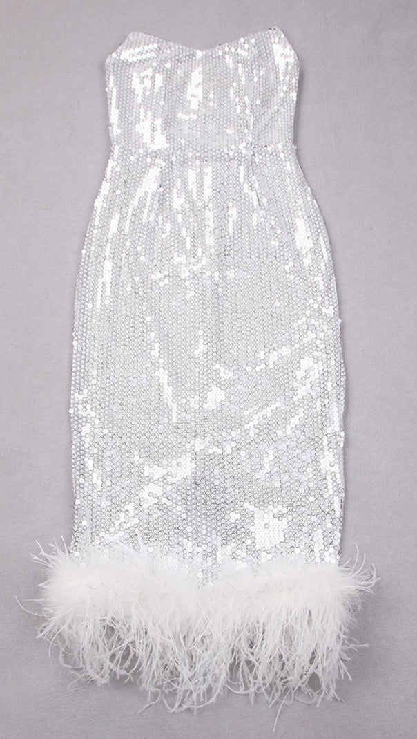 AIIZIE SEQUIN FEATHER MIDI DRESS IN WHITE - product image