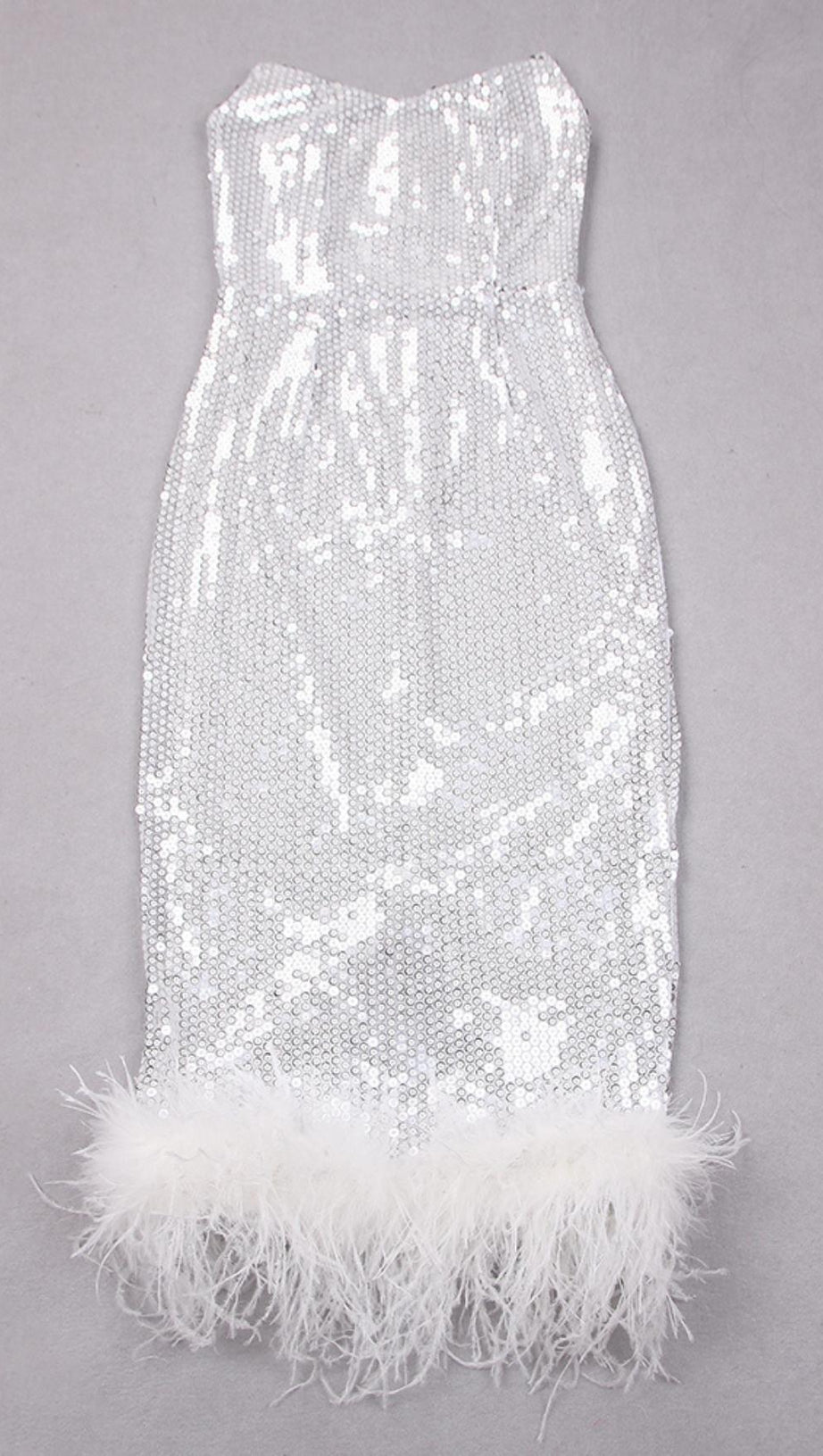 SEQUIN FEATHER MIDI DRESS IN WHITE