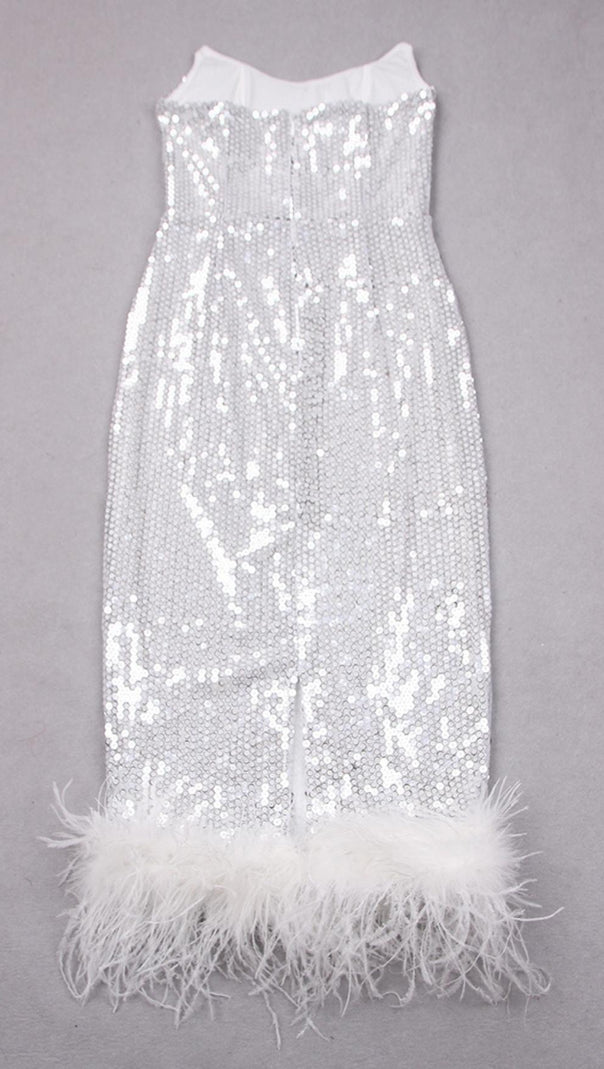 AIIZIE SEQUIN FEATHER MIDI DRESS IN WHITE - product image