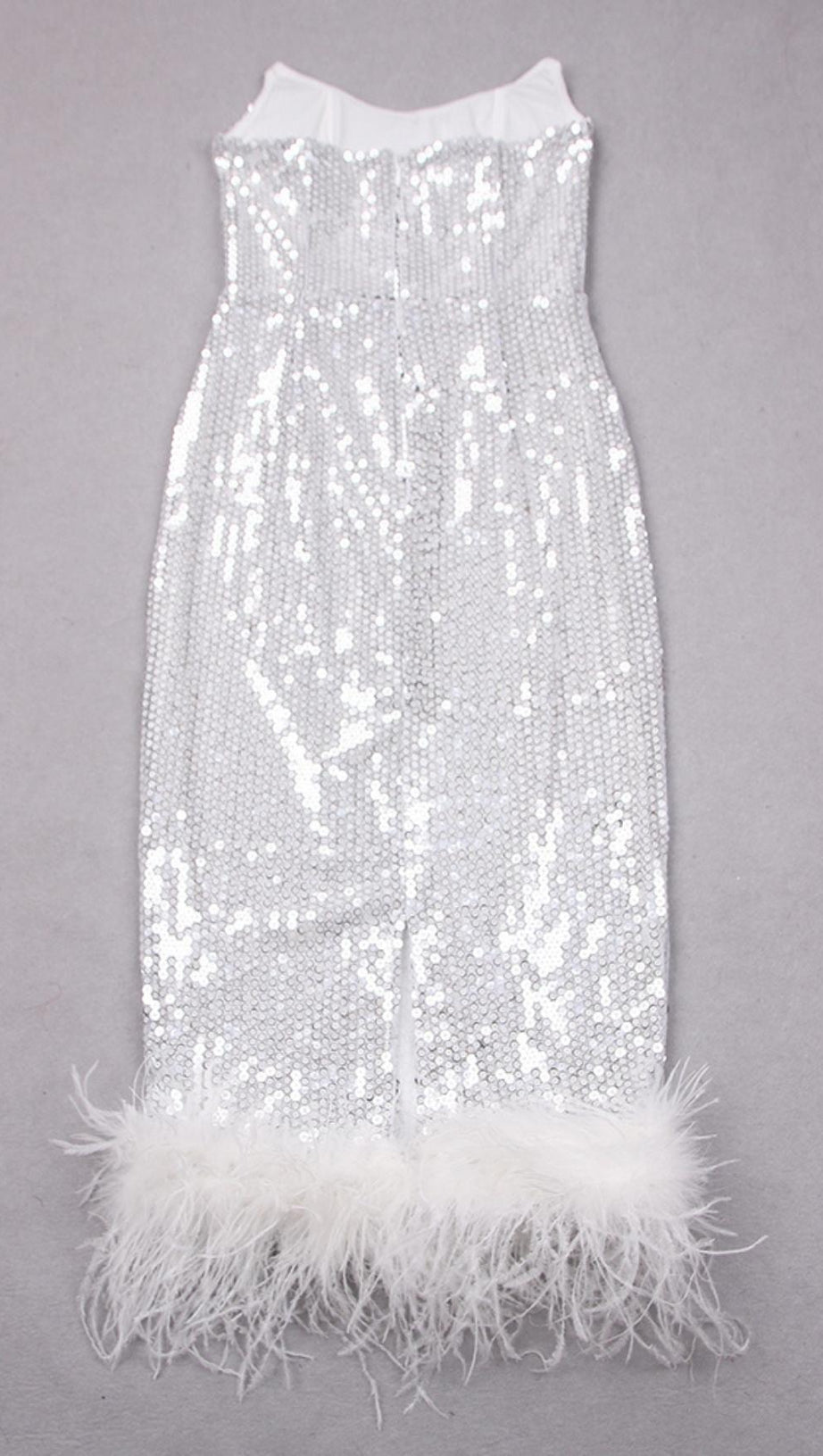 SEQUIN FEATHER MIDI DRESS IN WHITE