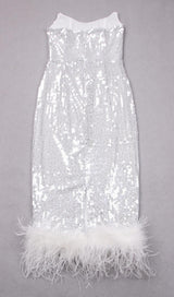 SEQUIN FEATHER MIDI DRESS IN WHITE