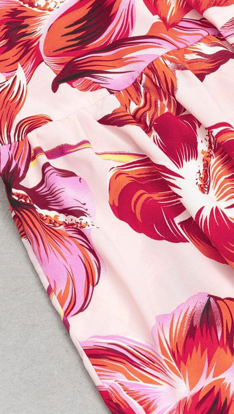 LARGE SIZE BACKLESS V SUSPENDER PRINT LOOSE MIDI DRESS