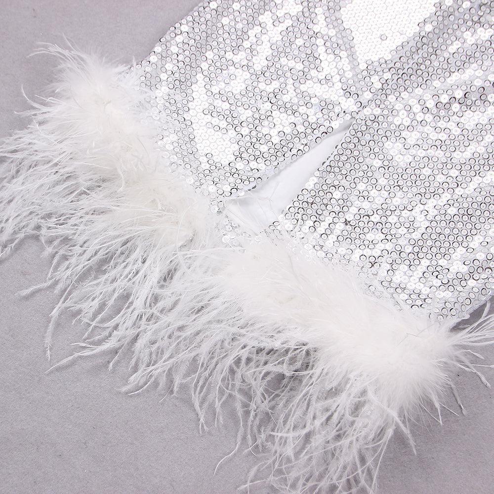 AIIZIE SEQUIN FEATHER MIDI DRESS IN WHITE - product image